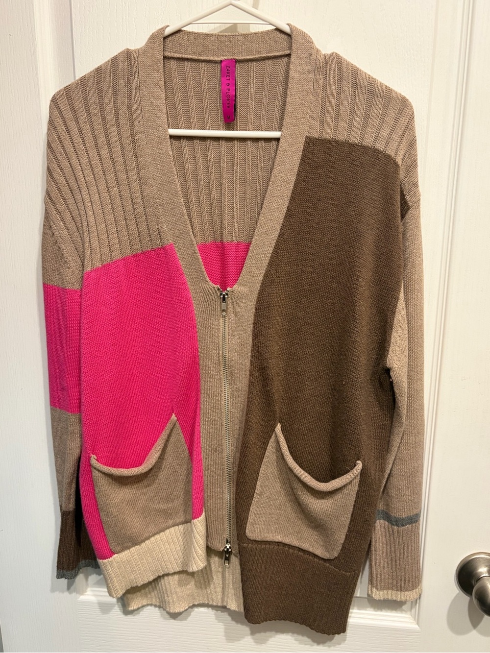 Womens Colorblock Zip Cardigan Sweater - Pink & Brown